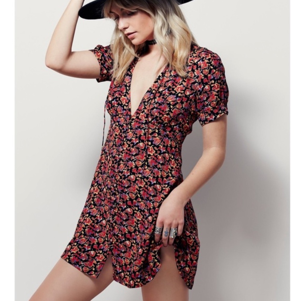 FREE PEOPLE Melody Easy Printed Mini Dress, Neck Tie, V-Neck,  | Women’s 6